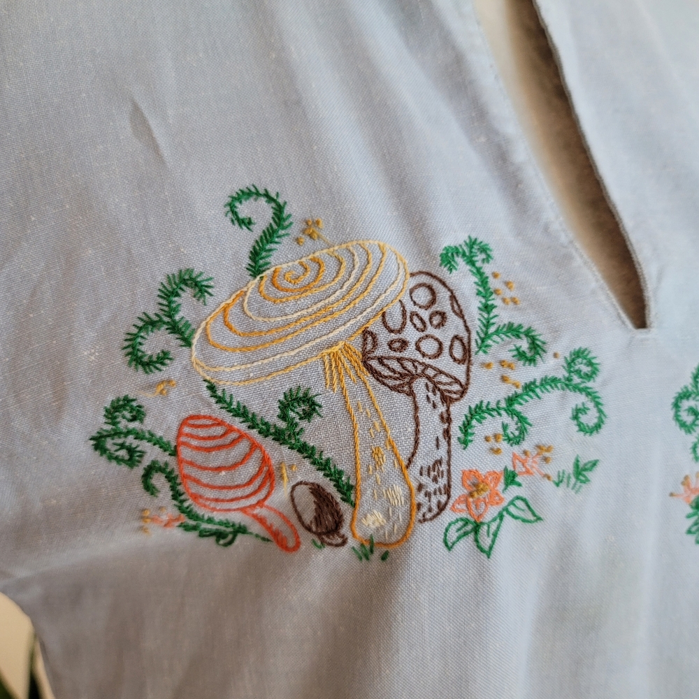 VTG 70s Embroidered Mushroom Denim Caftan Dress - Picture 13 of 16
